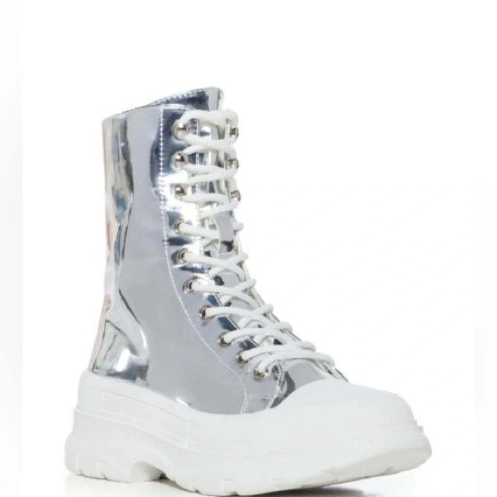 Azalea Wang Silver Mirror Metallic Patent Leather Lace Up Combat Booties - Picture 3 of 4